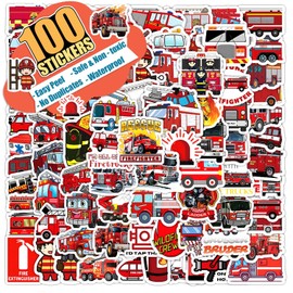 100Pcs Kids Fire Truck Stickers, Cute Cartoon Fire Fighting Engine Vehicles Vinyl Waterproof Decals for Kindergarten Birthday Gift Classroom Fire Party Favors
