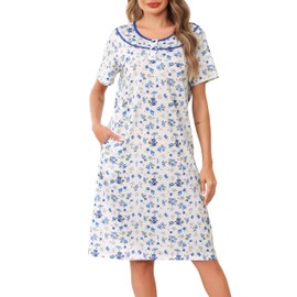 Lovasy Cotton Nightdresses for Women UK Button Front Nighties for Women Soft Ladies Nighties Nightshirts Short Sleeve Floral Print Womens Night Dress with Pockets,Blue Floral,XL