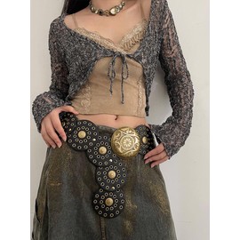 Rumnoke Wide Disc Belt Vintage Hollow Belt for Women Boho PU Leather Belt Black 130CM/51.2IN