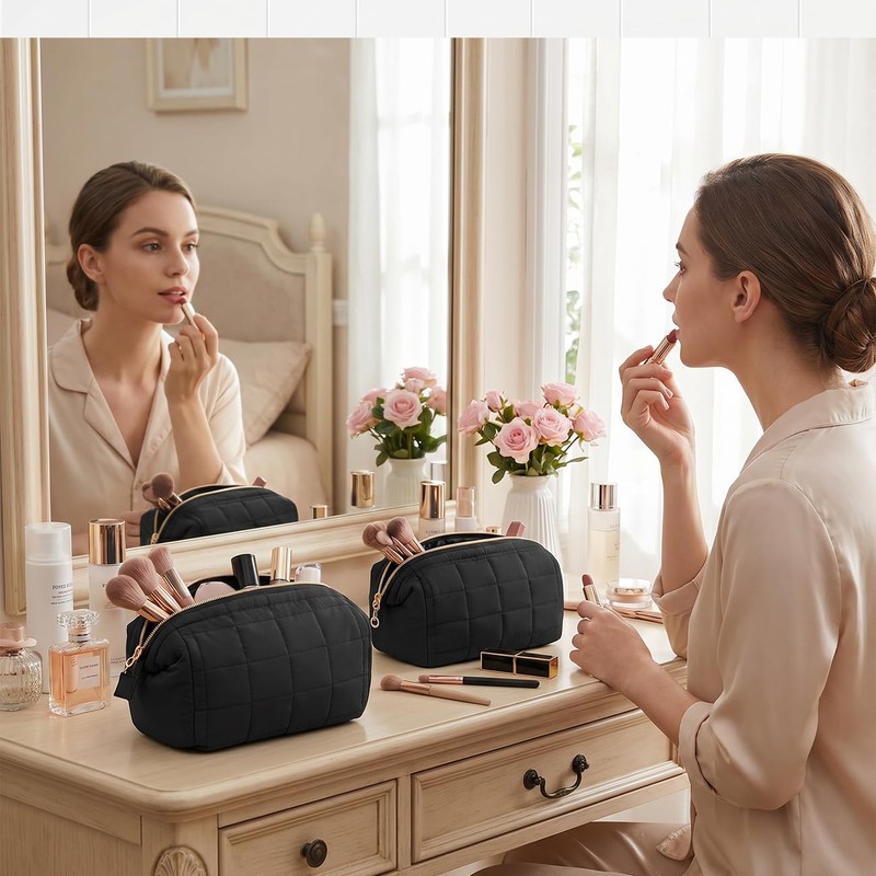 VitalBloom Large Capacity Waterproof Makeup Pouch Black Lightweight Multifunctional Makeup