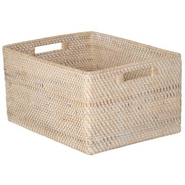 Loma Rectangular Rattan Storage Basket with Cut-Out Handles - White-Wash - Coastal-Inspired Handwoven Rattan Basket for Home Organization & Décor