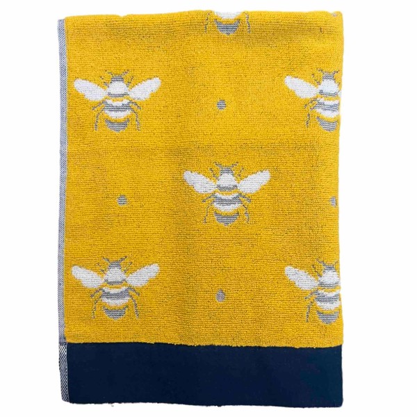 Jansons Direct Linens 2 x 100% Cotton Guest Size Towel In Yellow with Bumble Bee Design and a Navy Blue Band 40cm x 70cm