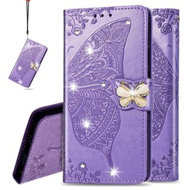 IMEIKONST Compatible with Redmi A3 Wallet Case with Card Holder, Diamond Embossed Leather Magnetic Flip Kickstand Shockproof Cover for Redmi A3. Cystal Butterfly Lavender SD