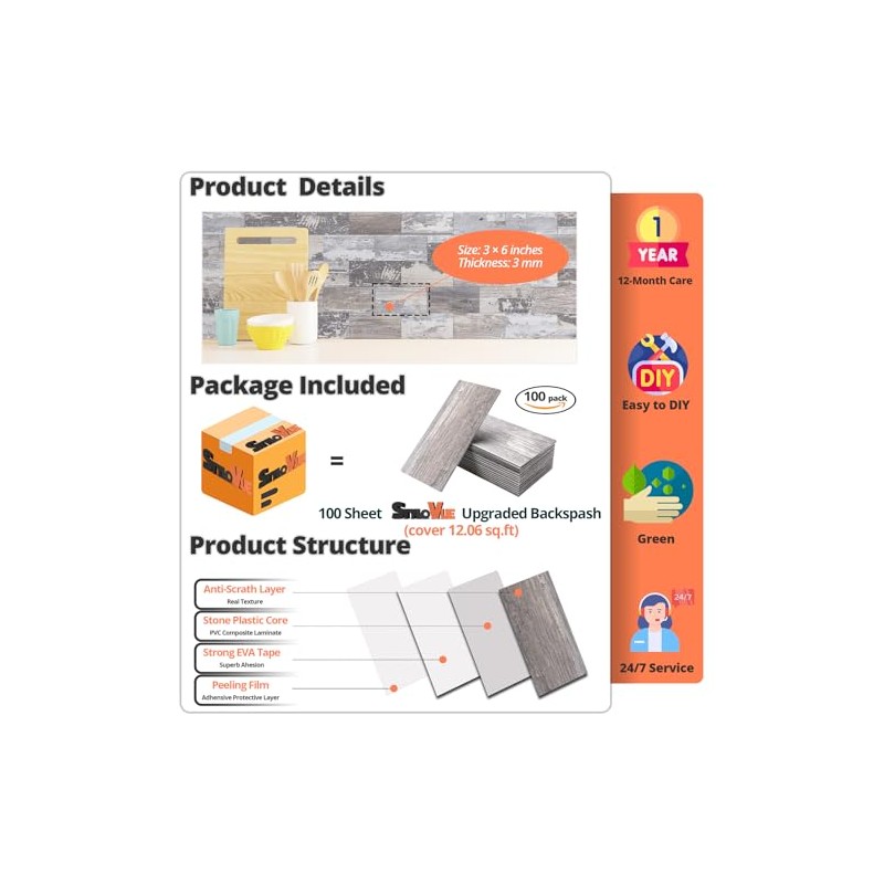 StyloVue 100 Pieces Peel and Stick Backsplash for Kitchen, 3"