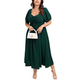 SCOMCHIC Plus Size Sweetheart Neckline Maxi Dress Formal Wedding Guest Short Puff Sleeve Cocktail Smocked A-Line Dresses Emerald Green