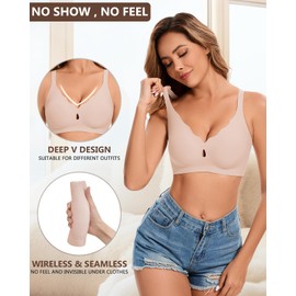 WOWENY Women's Bra Without Underwire Seamless Bra Push Up V-Neck Bralette Women's Padded Bustier Soft Bra Non-Wired, beige, XXL