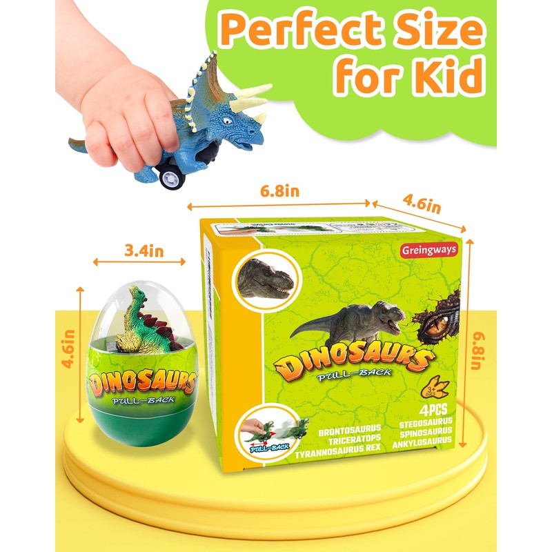 Greingways 4 Pack Dinosaur Pull Back Cars Prefilled Plastic Easter