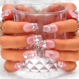 Sethexy Pink Rhinestone Handmade Fake Nail Medium Coffin Gradient False Nails with design Acrylic Glossy Press on Nail Salon Nails for Women and Girls 10PCS(U)