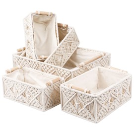 ANMINY 5PCS Macrame Storage Baskets for Organizing Boho Decor Baskets Storage Bins with Wood Handles Handmade Decorative Storage Boxes with Removable Liner Toilet Tank Bathroom Self Basket Organizer