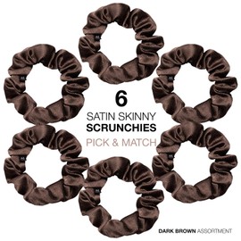 Basic Sense Skinny Satin Hair Scrunchies for Fine Hair, Snag-Free, Strong Hold, A set of 6pcs, Dark Brown
