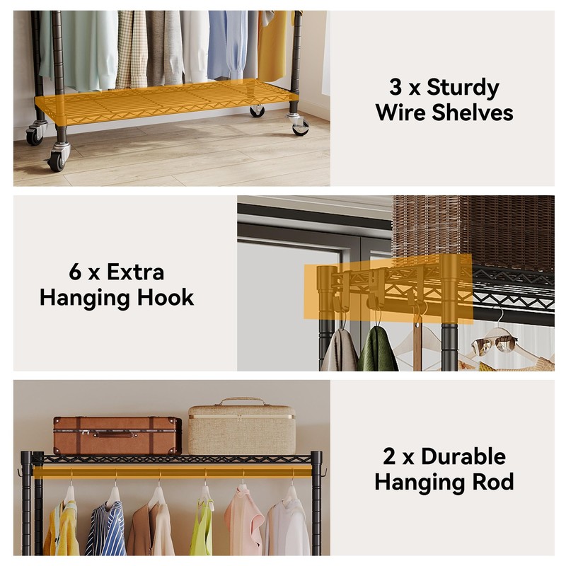 Higeego Rolling Clothing Rack for Hanging Clothes Heavy Duty Garment