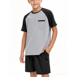 Tshyfiper Boys Pajamas Sets Kids Short Sleeve Pjs Tees Pajama Shorts with Pocket Teen Lounge Set Size 7-16Y (Grey, 10-12T)