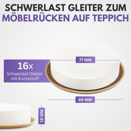 Filzada® 16x Möbelgleiter für Schwere Möbel D89mm - 16mm dick - Möbeluntersetzer Rund zum Möbel Verschieben auf Teppich - Furniture Sliders - Ideal für Umzüge, Aufräumarbeiten - Umzugsgleiter