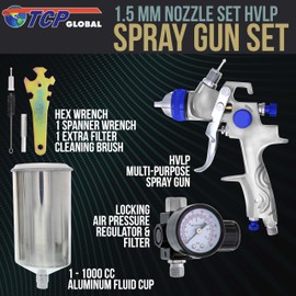 TCP Global Professional HVLP Paint Spray Gun - 1.5mm Fluid Tip, Gravity Feed with Air Regulator & 1-Liter Aluminum Cup, for Basecoats & Clearcoats, Full Adjustment Control Knobs - Automotive DIY