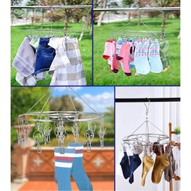 CenYouful 2 Pack Stainless Steel Round Hanging Drying Rack with 20 Clips for Drying Socks, Baby Clothes, Bras, Towel, Underwear, Hat, Scarf, Pants, Gloves