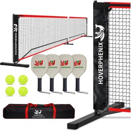 Hoverphenix Pickleball Set with Net for Driveway, Portable Regulation Size Pickleball Net System with Paddle Set of 4, Outdoor Pickleballs, Carry Bag, Weather Resistant Metal Frame