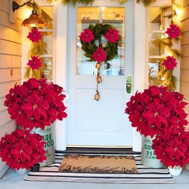 obbsie 36 Pack Poinsettias Artificial Christmas Flowers, 15’’ Red Velvet Poinsettia Floral Bouquet 7 Heads Poinsettia Bush Fake Flowers Arrangement for Winter Holiday Indoor Outdoor Xmas Decorations