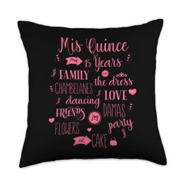 Mis Quince Typography Birthday Apparel Tees Mis Quince 15th Birthday Teenager Quinceanera Typography Throw Pillow, 18x18, Multicolor