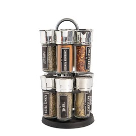 FabFinds Rotating Spice Rack Organiser with 12 Pre-Filled Glass Spice Jars Free Standing Carousel Spice Holder 360° Revolving Herbs & Spices Stand with Carry Handle