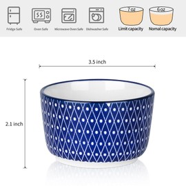 Selamica Ceramic 6 Oz Ramekins Oven Safe, Creme Brulee Ramekins, Souffle Dishes Custard Cups for Baking, Mini Bowls for Pudding Dip Ice Cream, Set of 6, Vintage Blue