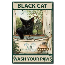 CREATCABIN Funny Bathroom Quote Metal Tin Sign Vintage Black Cat Wash Your Paws Sign for Bathroom Kitchen Cafe Wall Decoration 20 x 30 cm