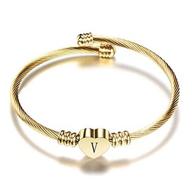 MiiFort Women's Initial Name Gold Cuff Bangle Letter V Bracelet Love Heart Stainless Steel Family Sister Daughter Granddaughter Birthday