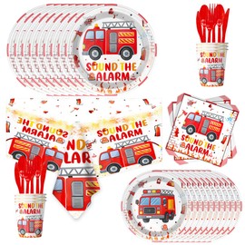 81PCS Fire Truck Birthday Party Supplies Tableware,Firetruck Birthday Decorations,Fireman Party Supplies,Can Be Used To Popularize Fire Safety