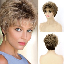 AIYLMZ Short Fluffy Blonde Wigs for Women, Brown Bob Wig with Pixie Cut and Bangs, Dark Rooted Synthetic Wigs (Blonde Mixed Brown)