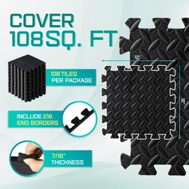Yes4All 108 SQ. FT Puzzle/Interlocking Exercise Mat Tiles for Home Gym, Exercise EVA Foam Floor Padding with Border for Workout Equipment (Black)