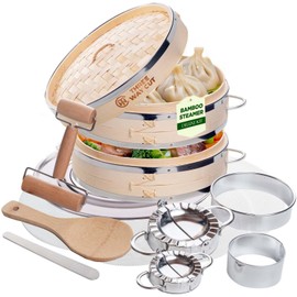 2-tier 10" Bamboo Steamer with Reinforcement & Handle, Reusable Silicone Liner & Accessories Kit For Cooking Dumpling, Baby Bao Bun, Dim Sum, Rice Potsticker Steaming Chinese Asian Food & Vegetables