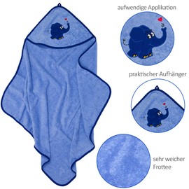 Smithy Hooded Towel, Blue Elephant Design, 100 x 100 cm, German Brand, 100% Cotton
