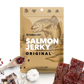 Kaimana Jerky Wild Caught Salmon Jerky - Organic Gourmet Smoked Dried Fish Strips Rich in Omega-3 & Protein - Low-Calorie Seafood Snack with No Gluten, Less Sodium & Sugar - Original Flavor - 2oz Pack
