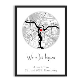 Wo Alles Begann Bild personalisierbar mit Landkarte und Koordinaten | schwarz weiss | optional mit Rahmen | Geschenk für Partner oder Verlobungsgeschenk | 1. Erstes gemeinsames Date (Weiss)