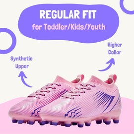 LIGVIV Boys Girls Soccer Cleats - Kids Dynamic Collar Football Shoes - Firm Ground Outdoor Pink Purple