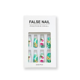 Tropical Press on Nails, 24 Pcs Long Coffin Fake Nails, Flower Leaf Designs Spring Summer Glue on Nails, Full Cover False Nails, Hawaiian Exquisite Static False Nails for Women