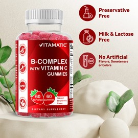 Vitamatic Vitamatic Vitamin B Complex Gummies with Vitamin C & Inositol - Natural Strawberry Flavor - 60 Gummies (2 Bottles)