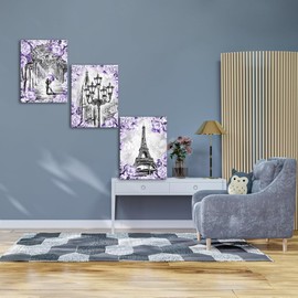 Apicoture Purple Grey Wall Art Paris Eiffel Tower Street Landscape Paintings Purple Flower Picture Canvas Prints Framed Couple love theme wall decor 12"x16"x3 Panels