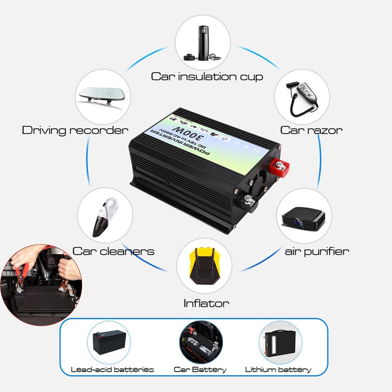 Power Inverter 300W 1 Universal Socket 2 USB Port Smart