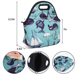 Violet Mist Cute Neoprene Lunch Bag Insulated Reusable lunch Bags Whale Animal Food HandBags Thermal Lunch Bags Cooler Lighweight Washable Cool lunch bags Box Work Picnic Gift for Women Men Adult