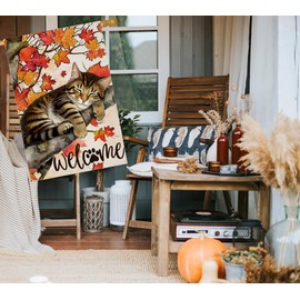 EKOREST Welcome Thanksgiving House Flags for Outdoor Decoration, Cat with Maple Leaves Large Yard Flag,Seasonal Decorative Decor for Fall Harvest Autumn Holiday Outside 28x40 Inch Vertical Double Sided