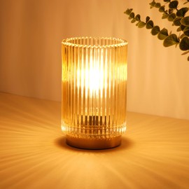 Mirasium Battery Operated Lamp, Cordless Table Lamp with Timer, Desk Bedside Lamps with LED Warm Light, Glass Small Table Lamp for Bedroom, Bathroom, Living Room, Home Decor - Amber