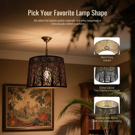 Lampshade Large Drum Lamp Shade 12" Top x 14" Bottom x 10" High (UNO Fitter) Metal Lamp Shades Black and Gold Lampshades Replacement for Table Lamps, Floor Lamp and Living Room Light Art Etched