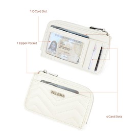 Telena Slim Wallet Women RFID Blocking Credit Card Holder Leather Coin Purse with Silver Keychain Beige