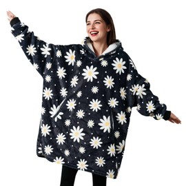 Daisy Gifts for Women, Daisy Flower Pattern Wearable Blanket Hoodies for Adults, Oversized Flannel Hooded Blankets, Gifts for Birthday, Christmas, and so on, One Size Fits All