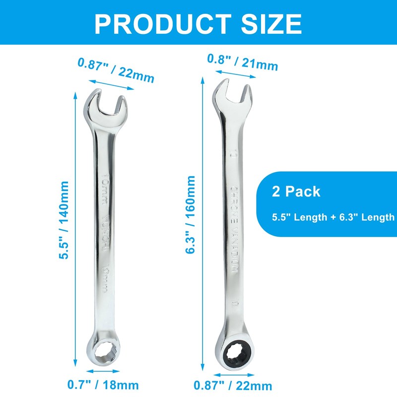 HARSKIYER 10 mm Ratcheting Wrench Set, 2 Pieces Metric Ratcheting