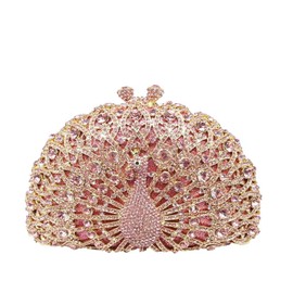 Boutique De FGG Elegant Crystal Clutches For Women Peacock Clutch Bag Evening Purses and Handbags, Pink, Small