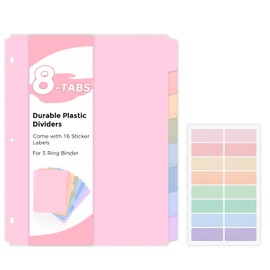 SKYDUE Durable Plastic 8-Tab Dividers, Big Tab Dividers for 3 Ring Binder, Write&Erase 3 Ring Binder Dividers with Tabs,with Sticker Labels, 1 Set, Pastel Color