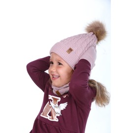 HEYO Children's Winter Set Hat Lined with Fleece Warm Tube Scarf Loop Scarf Gloves Soft Bobble Hat Round Scarf Toddler Knitted Hat Boys Girls, pink