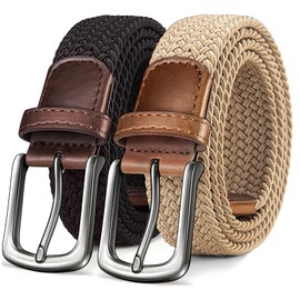 KEMISANT Men's Golf Belt 2 pack, Braided Woven Stretch Belt for Men Casual Jeans Sports Work 1 3/8"(Black/Beige,46"-50" Waist Adjustable)