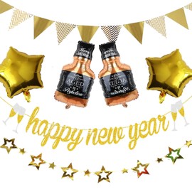 Happy New Year Decorations Banner with Beer Balloons Triangle Paper Banner Happy New Year Sign for Happy New Year Decorations 2025 New Years Party Supplies 2025， Decorations 2025